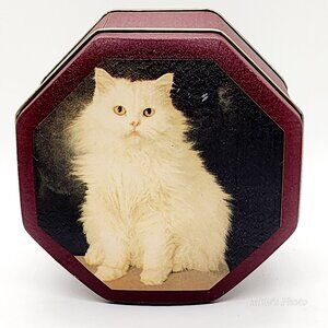 Vintage Persian Cat Tin Box Octagon Shape in Deep Maroon Color